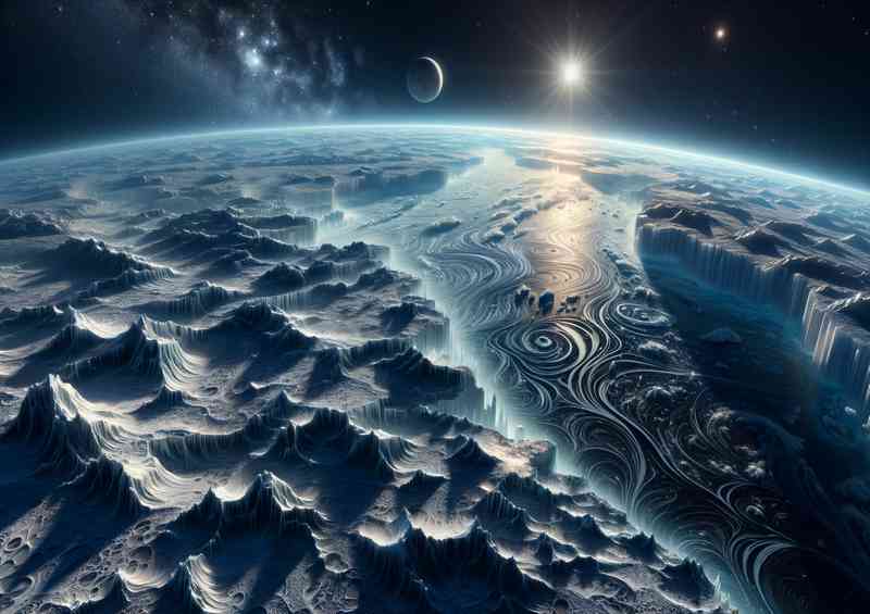 A magnificent view from space of a fantasy planet's polar region