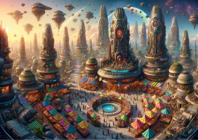 A panoramic view from a fantasy planet a vibrant alien market