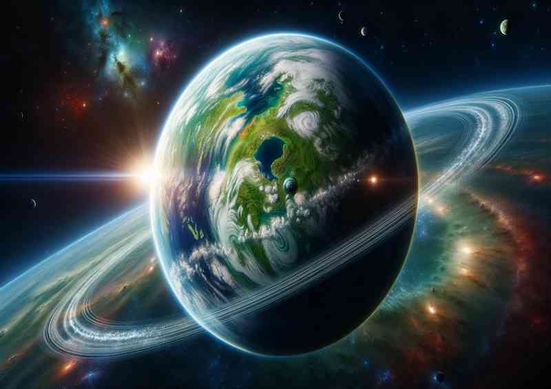 A serene view of a fantasy planet from space