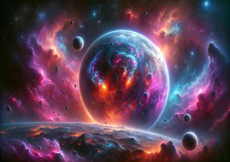 A space fantasy planet surrounded by a colorful nebula