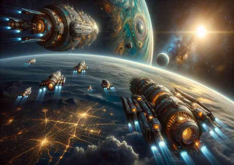 A space of a fantasy planet rockets coming home