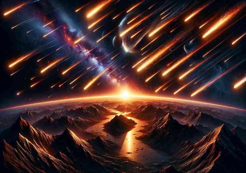 A space scene where a meteor shower illuminates the night sky