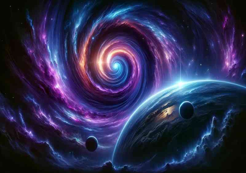 A space scene with a massive space anomaly near a distant planet. The a
