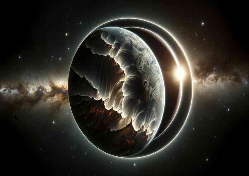 A stunning view from space of a fantasy planet during a solar eclipse