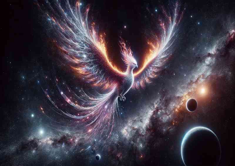 A unique space fantasy scene with focus on the white pheonix