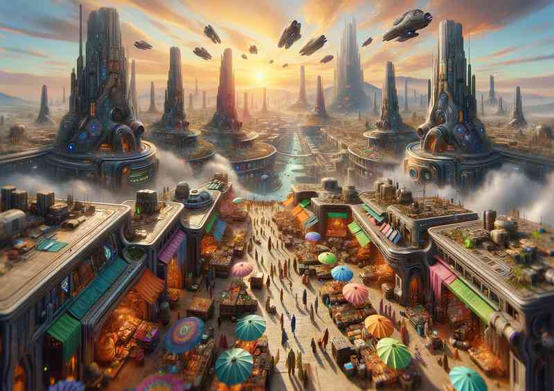 A view from a fantasy planet vibrant alien market