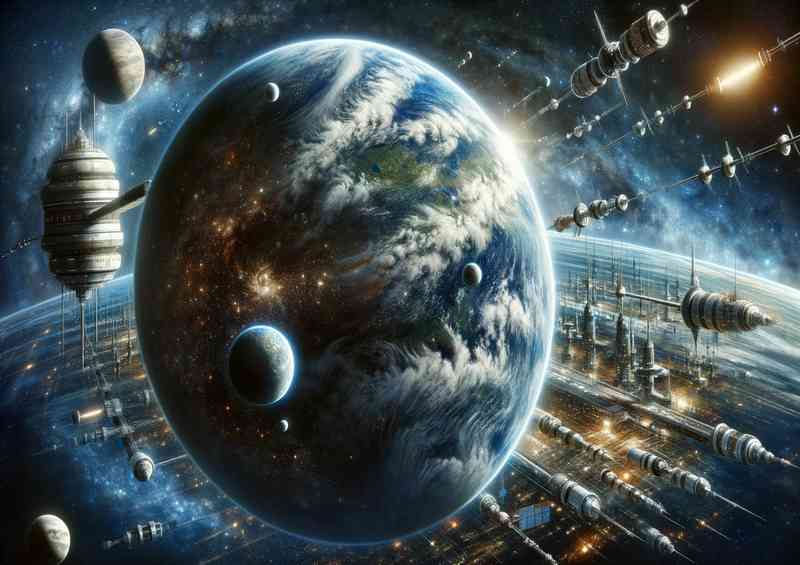 A view of a fantasy planet from low orbit in space