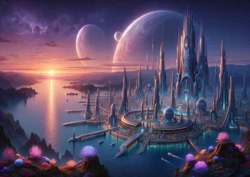 Fantasy planet The scene showcases an alien seaside city