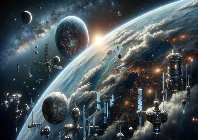 Fantasy planet from low orbit in space