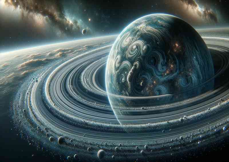 Space of a fantasy planets intricate ring system of matter and gasses