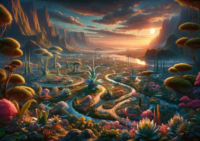 Sweeping view from a fantasy planet a large alien botani