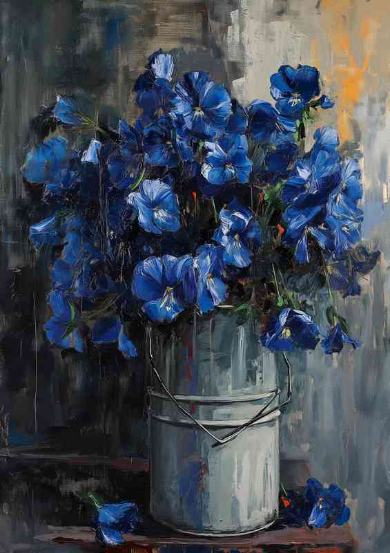 A bucket of blue flowers painted style