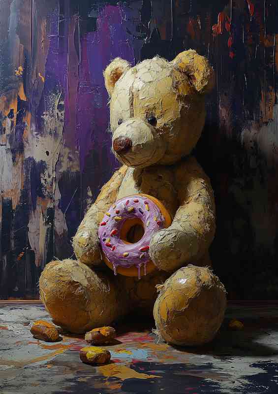 A stuffed bear holding the donut