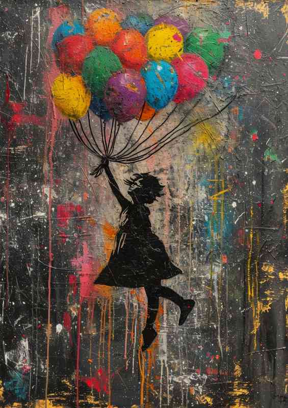 Banksy style girl flying a basket full of balloons