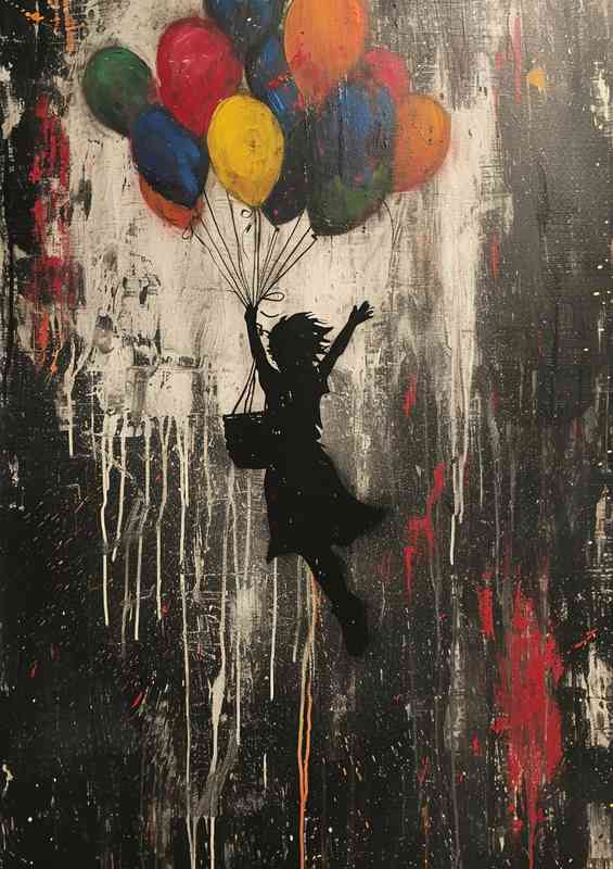 Banksy style girl flying with coloured ballons