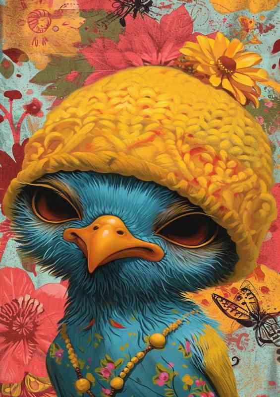 Bird with a yellow cap and hat