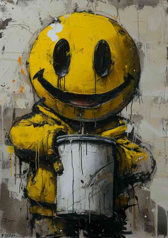 Black white tin and a yellow smiley face