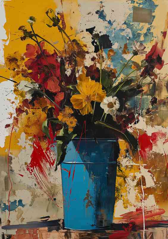 Blue vase full of flowers painted style