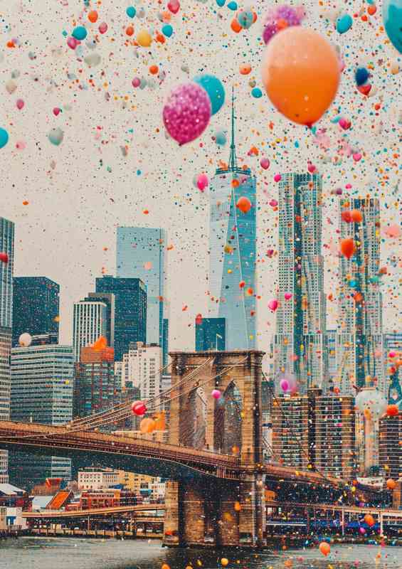 Brooklyn bridge skyline with balloons floating above