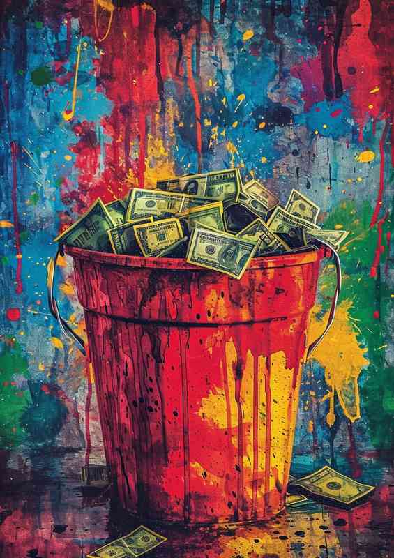 Colorful painting shows a bucket of money