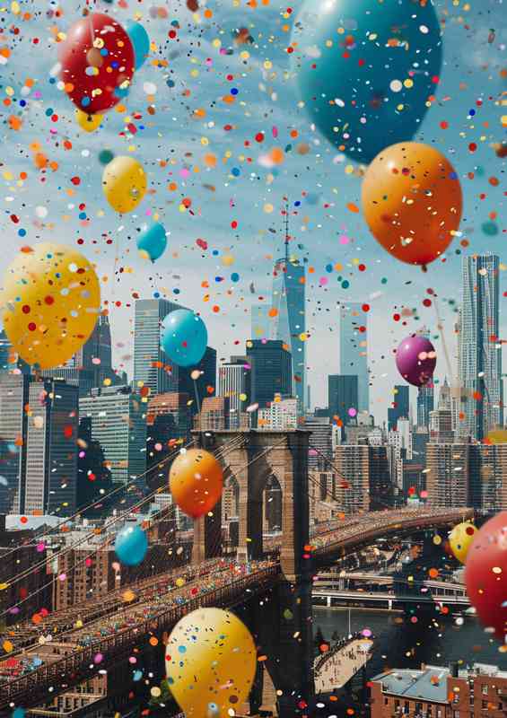 Coloured baloons flying over the brooklin bridge