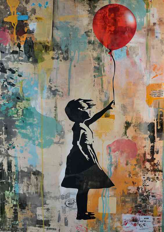 Girl with a red balloon and graffiti
