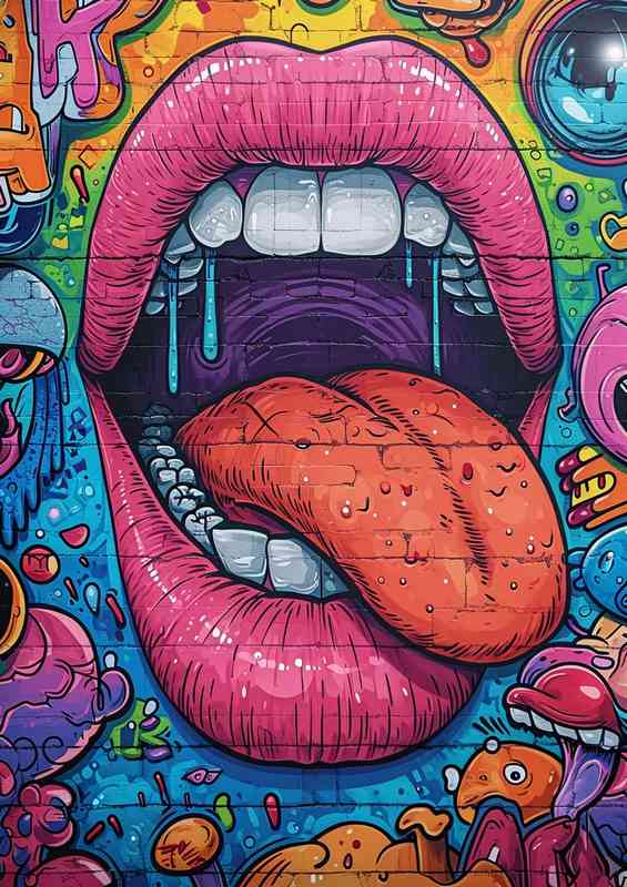 Graffiti wall art mouth with pink lips