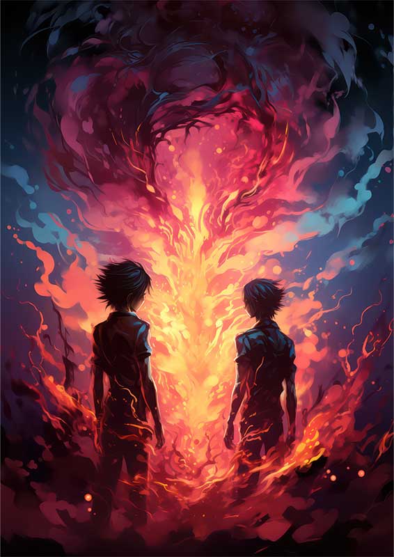 Anime of two boys with fire in dark pink