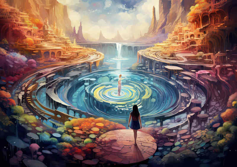 A girl walking in a fantasy landscape setting
