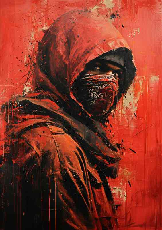 Man in red in a bandana and hoodie street