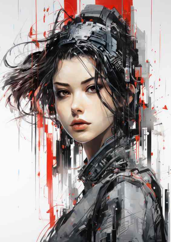 cyberpunk style style art with a touch of red colour