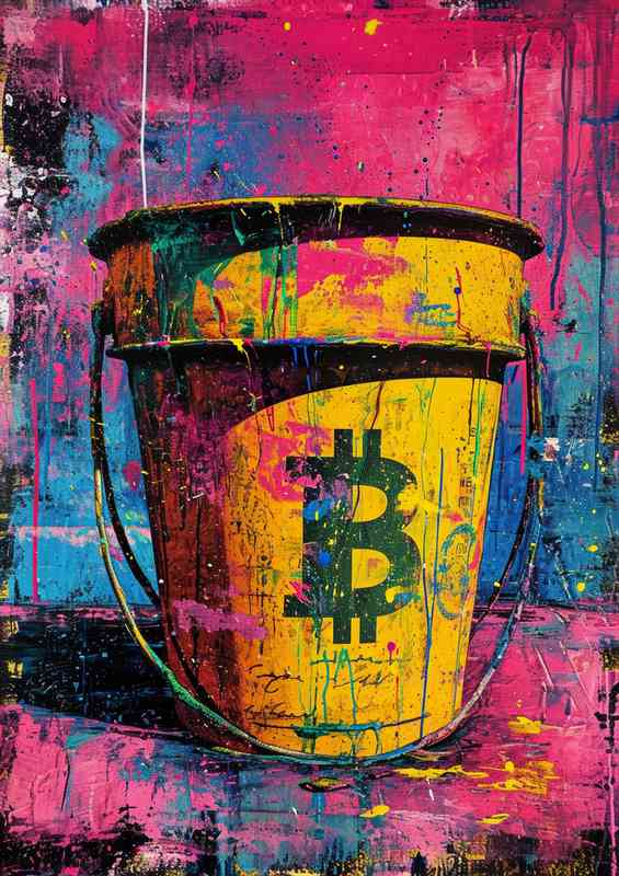 Painting style shows a bucket of digital money