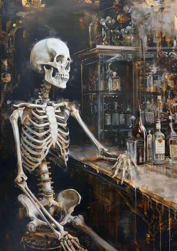 Skeleton at the bar waiting for a drink