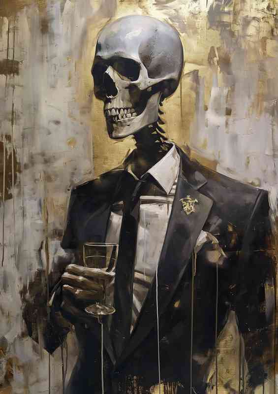 Skeleton in a suit holding a glass