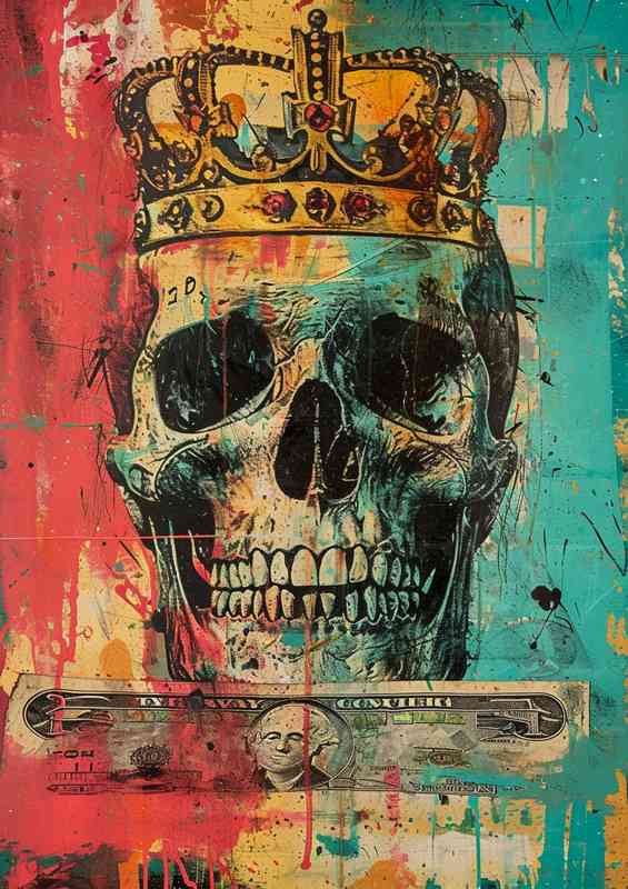 Skull with a crown is wearing money