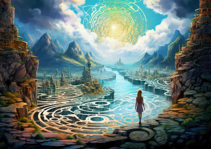 A girl walking through a fjord in a fantasy setting
