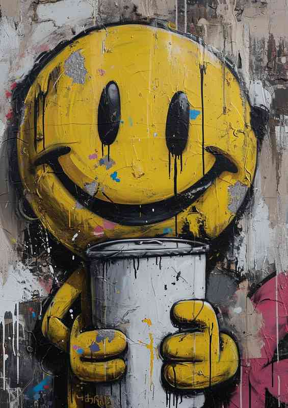 White painting of a yellow smiley face
