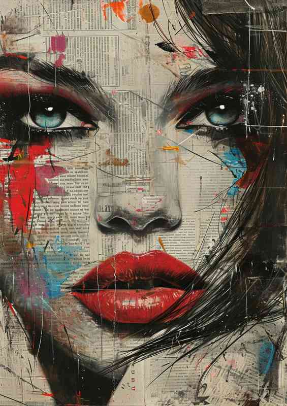 Woman with red lips and blue eyes paper art