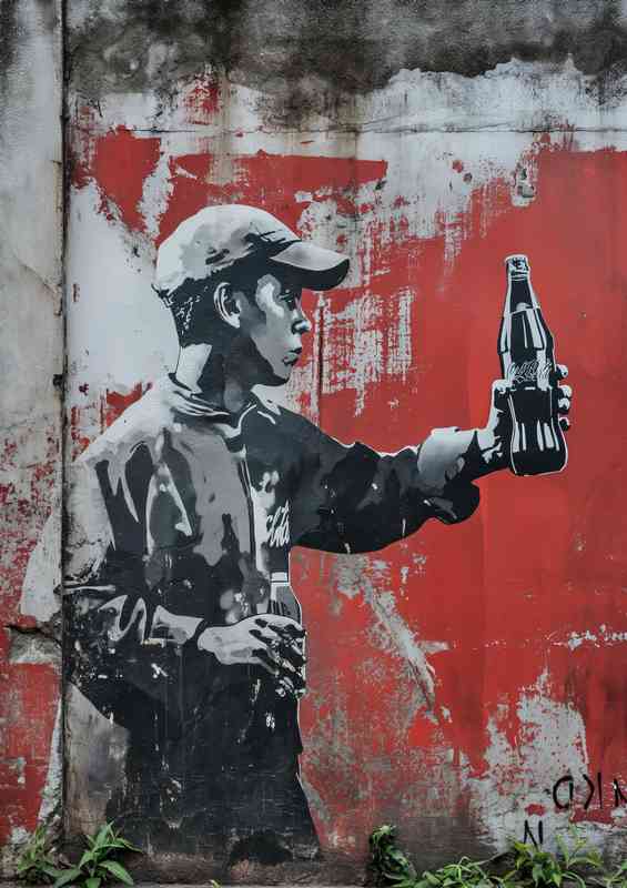 young man holding a drink street art