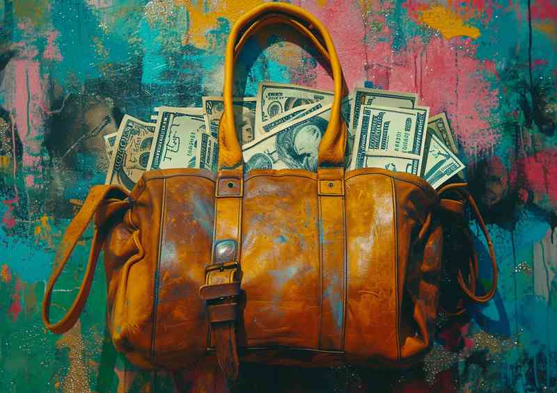A bag full of money with colorful splashes