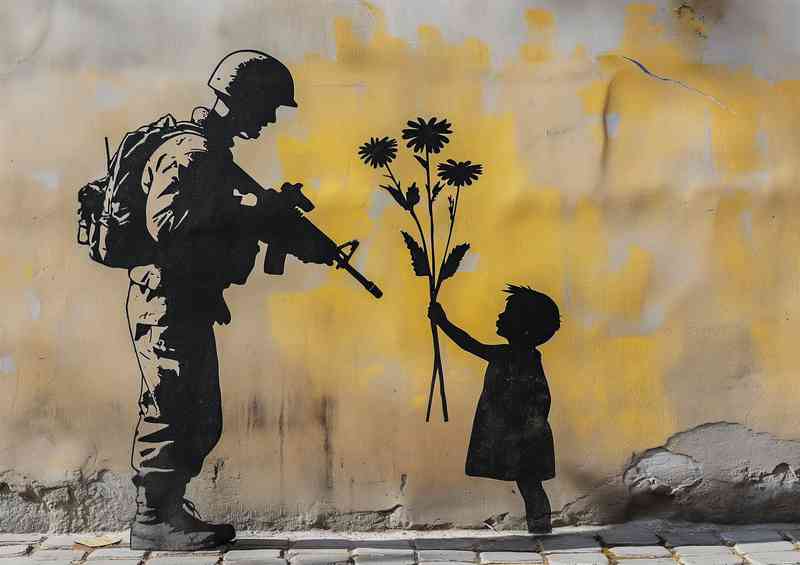 Banksy style grown soldier with a gun