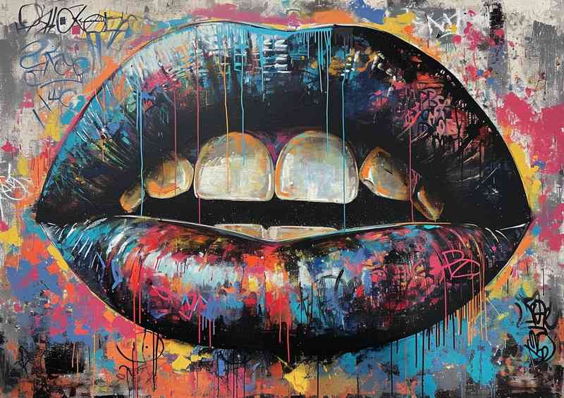 Big colorful painting of a mouth painted with graffiti