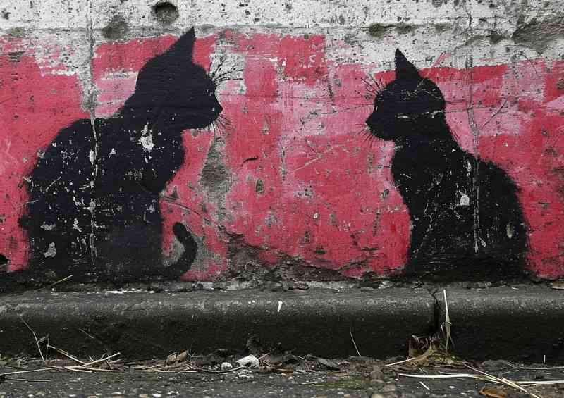 Black cats on a pink wall street art