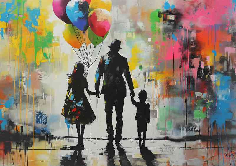 Family holding balloons street art