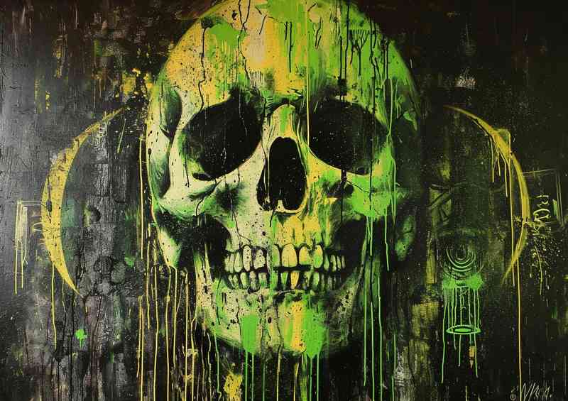 Green skull graffiti wall art
