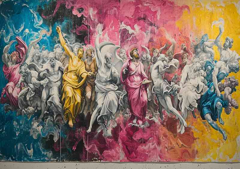 Montage of different images on a graffiti wall