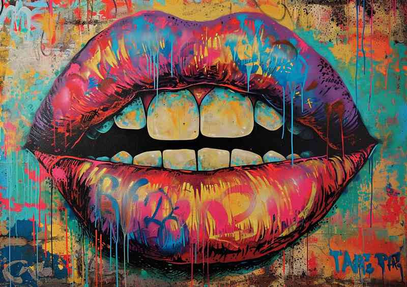 Painting of a mouth painted with graffiti