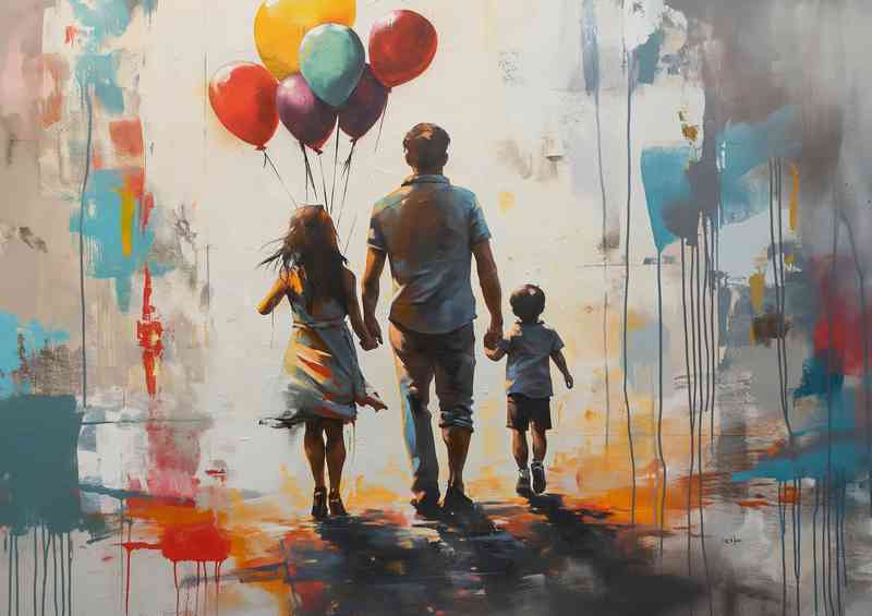 Two familys holding balloons bansky inspired