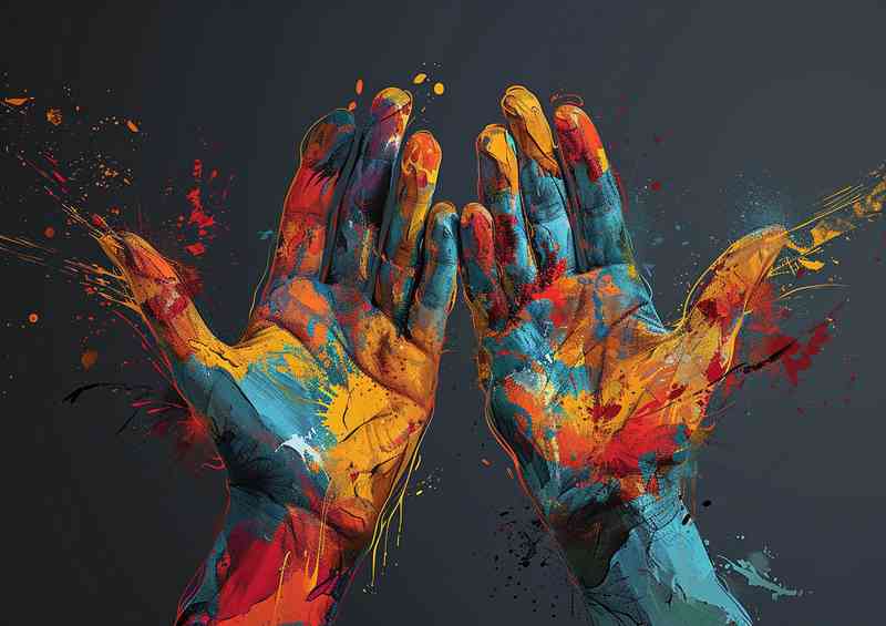 Two hands with colourful art