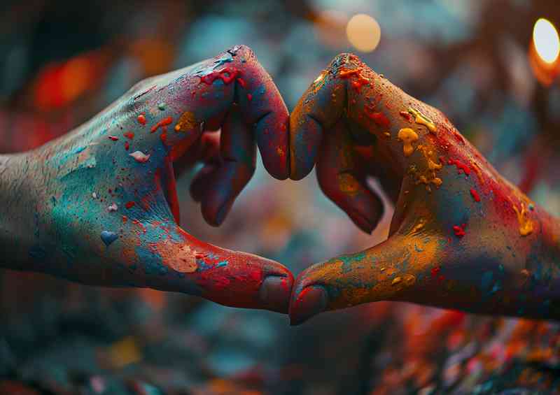 Two people in a colorful heart hand